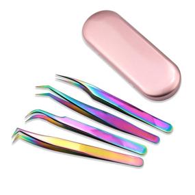 img 4 attached to 🌈 Professional Rainbow Nibiru Eyelash Extension Tweezers Set - 4pcs Stainless Steel Curved Tip Precision Tweezers for Anti-static Makeup Application