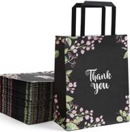 50 пачка средних черных подарочных сумок "спасибо" с ручками - флоральный дизайн | идеально для бутика, свадебных угощений, розничной торговли и подарочных сумок логотип