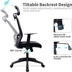 img 3 attached to 🪑 Black Ergonomic High Back Home Office Chair with Mesh, Lumbar Support, Headrest, and Swivel Motion - Executive Rolling Computer Task Chair