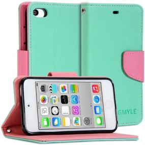 img 1 attached to 📱 GMYLE iPod 5 Case, (R) Wallet Case Classic for iPod Touch 5th Generation - Turquoise Blue & Pink Cross Pattern PU Leather Slim Magnetic Flip Stand Cover