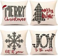 🎄 set of 4 farmhouse christmas decor pillow covers 18x18, black white buffalo plaid, winter holiday cushion cases for home couch, tree snow joy world, th036-18 логотип