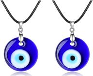 blue evil eye protection necklace and bracelet set: turkish lucky pendant, blue eyes glass, leather rope chain/stainless steel for women, men, boys, and girls logo