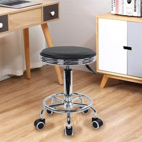 img 3 attached to Modern Industrial Metal Style Round Rolling Stool with Foot Rest in Black PU Leather - Height Adjustable for Spa Salon, Tattoo, Work, and Massage