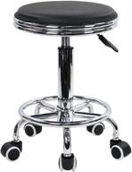 modern industrial metal style round rolling stool with foot rest in black pu leather - height adjustable for spa salon, tattoo, work, and massage logo