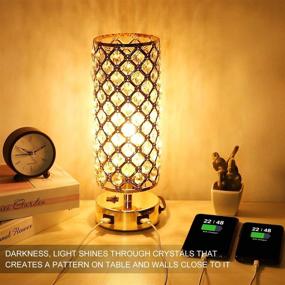 img 3 attached to Modern Gold Table Lamp with USB Charging Ports, Crystal Shade, Metal Base - Stylish Bedside Light for Bedroom Living Room Entryway Office