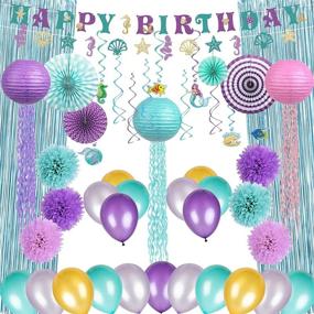 img 4 attached to Mermaid Party Decorations: All-in-One Pack with Birthday Banner, Jellyfish 🧜 Lanterns, Fringe Curtain, Paper Fans, Pom Poms, Hanging Swirl - 49pcs