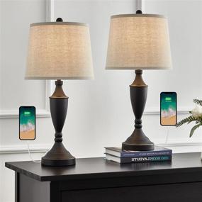 img 3 attached to BOBOMOMO 25.25'' Modern USB Table Lamp Set of 2: Stylish Bedside Lamps with USB Charging Port and Fabric Drum Shade (Black)