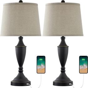 img 1 attached to BOBOMOMO 25.25'' Modern USB Table Lamp Set of 2: Stylish Bedside Lamps with USB Charging Port and Fabric Drum Shade (Black)