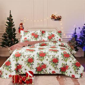 img 4 attached to Christmas Quilts Set King Size Poinsettia Floral Reversible Bedding Sets - Red Flowers Lightweight Bedspreads for New Year - 1 Quilt, 2 Pillow Sham: Festive Holiday Bed Cover