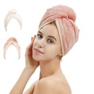 🧖 2-pack hair drying towel wrap with button, microfiber hair towel, dry hair hat, bath hair cap - pink & beige logo