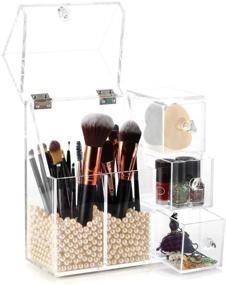 img 3 attached to 💄 HBlife Makeup Brush Holder: Acrylic Organizer with Brush Holders, 3 Drawers, and Dustproof Box - Includes Free Beige Pearl