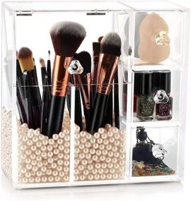 img 4 attached to 💄 HBlife Makeup Brush Holder: Acrylic Organizer with Brush Holders, 3 Drawers, and Dustproof Box - Includes Free Beige Pearl