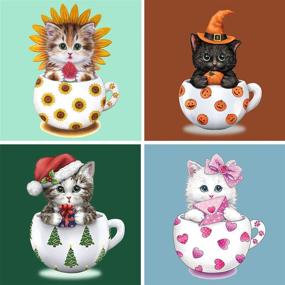 img 4 attached to 🎨 SKRYUIE 4 Pack 5D Diamond Painting: Kittens, Cups Cats, Sunflower Pumpkin Christmas Love – Full Drill DIY Kits for Wall Home Decor, Ideal Halloween Christmas Gift, 12"x12