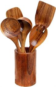 img 3 attached to 🍴 Premium Natural Acacia Wood Utensil Holder - Stylish Countertop Organizing Solution for Kitchen Utensils, Spoons, Spatulas, Skimmers, Straws - 5.8 x 3.7 Inch