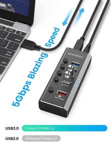 img 2 attached to Rosonway Aluminum 5 Port USB Hub Expander - Powered USB Hub with 4 USB 3.0 Data Ports, 1 Fast Charging Port, 24W Power Adapter, Individual Switches - USB Hub 3.0 Splitter (RSH-A35)