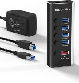 img 4 attached to Rosonway Aluminum 5 Port USB Hub Expander - Powered USB Hub with 4 USB 3.0 Data Ports, 1 Fast Charging Port, 24W Power Adapter, Individual Switches - USB Hub 3.0 Splitter (RSH-A35)