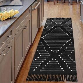 img 4 attached to 🏡 Boho Entryway Rug Runner with Tassels 2.3'x5.3', Handwoven Cotton Fringe White Kitchen Rug Runner, Farmhouse Geometric Tribal Bathroom Rug - Washable Chic Throw Floor Rug for Porch, Laundry, Living Room