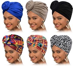img 4 attached to 👳 6-Piece Pre Tied Turban Head Wrap Set for Women: African-inspired Headwraps