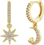 dainty dangle hoop earrings: 18k gold plated with cute ball, star, moon, evil eye, cross, lock, lightning, and spike designs - perfect for women and girls logo