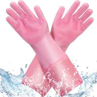 reusable silicone dishwashing gloves - rubber scrubbing cleaning gloves with brush scrubber - elastic cuff, waterproof for washing kitchen, car, and pet care - medium size (pink) logo