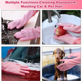 img 1 attached to Reusable Silicone Dishwashing Gloves - Rubber Scrubbing Cleaning Gloves with Brush Scrubber - Elastic Cuff, Waterproof for Washing Kitchen, Car, and Pet Care - Medium Size (Pink)