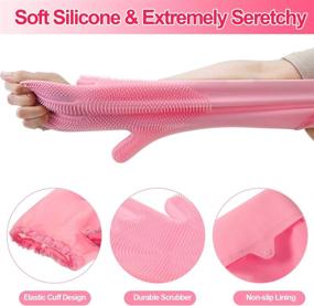 img 2 attached to Reusable Silicone Dishwashing Gloves - Rubber Scrubbing Cleaning Gloves with Brush Scrubber - Elastic Cuff, Waterproof for Washing Kitchen, Car, and Pet Care - Medium Size (Pink)