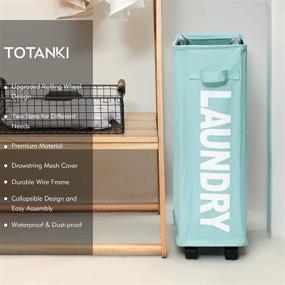 img 3 attached to TOTANKI 22-inch Rolling Slim Laundry Basket with Wheels and Handle (4 Color Options) - Foldable Hamper, Collapsible Sorter, and Organizer - Tall Storage Bin (Light Blue)