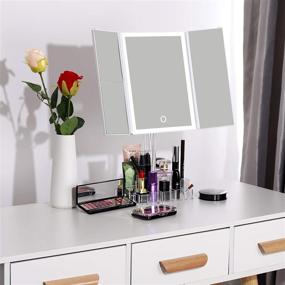 img 2 attached to ProYankiot Trifold Lighted Makeup Mirror with 38 LED Lights, Touch Screen Switch, and Storage - 3X/2X/1X Magnification, 90 Degree Rotation, White