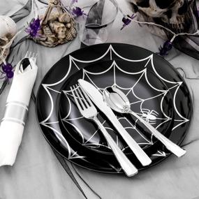 img 1 attached to 🕷️ BUCLA 30 Guests Halloween Spider Design Black and Silver Plastic Plates with Disposable Silverware and Silver Cups - Perfect for Halloween Parties!