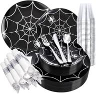 🕷️ bucla 30 guests halloween spider design black and silver plastic plates with disposable silverware and silver cups - perfect for halloween parties! logo