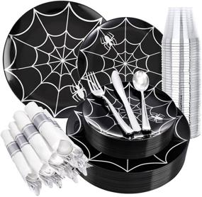 img 4 attached to 🕷️ BUCLA 30 Guests Halloween Spider Design Black and Silver Plastic Plates with Disposable Silverware and Silver Cups - Perfect for Halloween Parties!