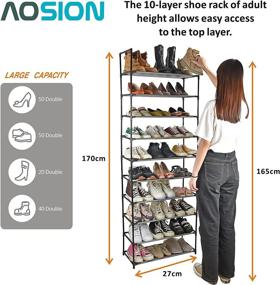 img 1 attached to 👠 AOSION 10 Tier Shoe Rack: Tall Organizer for 50 Pairs of Shoes, Closet Space Saver with Large Shoe Shelf, Removable Metal Construction, Non-Woven Fabric, Gray