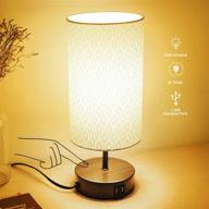 🌙 modern bedside nightstand lamps - 3-way dimmable touch control table lamp with 2 usb ports & ac outlet, pattern round linen shade, lamps for bedroom living room office, led bulb included логотип