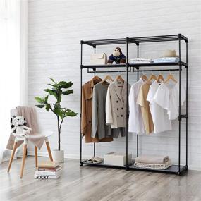 img 2 attached to 🗄️ SONGMICS Portable Wardrobe Closet Storage Organizer with Hanging Rods, Clothes Rack, Foldable Design, Ideal for Cloakroom, Study, Stable Construction, Dimensions 55.1 x 16.9 x 68.5 Inches, Color: Gray (Model URYG02GY)