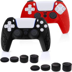 img 4 attached to Premium PS5 Silicone Controller Skin - Compatible Grip Cover for PS5 - Anti-Slip Silicone Protector with Thumb Grips - Dual Textured Design - 2 Pack + 8 Thumb Grips (Black/Red)