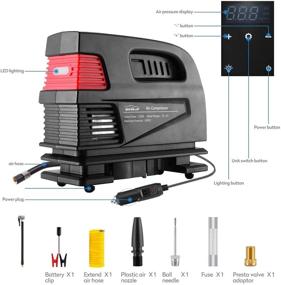 img 1 attached to 🚗 WindGallop Цифровой насос для шин: Портативный воздушный компрессор с сенсорным экраном для автомобильных и велосипедных шин - 12V постоянного тока насос для шин с давлением, дополнительным воздушным шлангом и клеммами для аккумулятора.