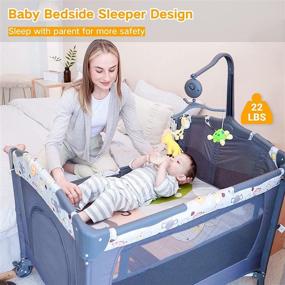 img 3 attached to 👶 SKIH 5 in 1 Baby Bedside Sleeper: Portable Grey Bassinet with Toys, Music Box, Mattress & Foldable Playard - Ideal for Infant Newborn Boys and Girls