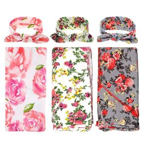 img 4 attached to 🌸 Newborn Baby Floral Printed Receiving Blanket Set with Headbands - BQUBO 3-Pack, Perfect Baby Shower Swaddle Gift