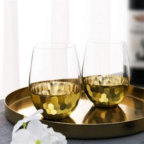 img 3 attached to MyGift Modern Stemless Wine Glasses: Hammered Brass Metal Bottoms, Set of 4 - Stylish and High-Quality Glassware