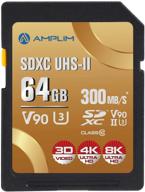 amplim 64gb v90 uhs-ii sd sdxc card: lightning speed, 300mb/s, secure digital memory storage for pro photographer and videographer logo