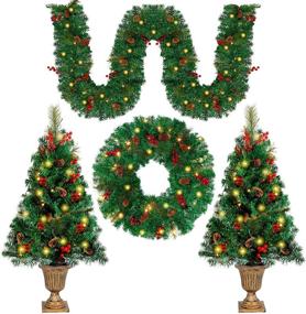 img 4 attached to 🎄 Juegoal Christmas Decorations 4-Piece Set: Pre-Lit Artificial Entrance Trees, Wreath, and Garlands with 8 Lighting Modes & Timer - Perfect Front Door, Porch, and Entryway Xmas Decor