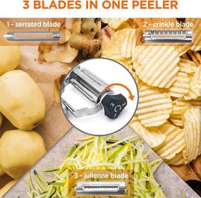 img 1 attached to 🔪 Living Chef 3-in-1 Rotary/Swivel Easy Peeler Stainless Steel - Ideal for Potatoes, Vegetables, and Fruits - Serrated, Julienne, and Crinkle(Wavy) Blade - Easy Peeler-3