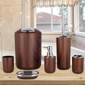 img 3 attached to 🛀 6-Piece Plastic Bath Ensemble Set in Brown - Soap Dispenser, Toothbrush Holder, Tumbler, Soap Dish, Trash Can, Toilet Brush Holder - Decorative Countertop Bathroom Accessory Set