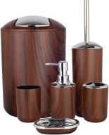 🛀 6-piece plastic bath ensemble set in brown - soap dispenser, toothbrush holder, tumbler, soap dish, trash can, toilet brush holder - decorative countertop bathroom accessory set logo