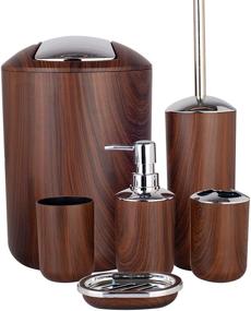 img 4 attached to 🛀 6-Piece Plastic Bath Ensemble Set in Brown - Soap Dispenser, Toothbrush Holder, Tumbler, Soap Dish, Trash Can, Toilet Brush Holder - Decorative Countertop Bathroom Accessory Set