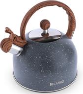 belanko stainless steel tea kettle, 2.3 quart / 2.5 liter - food grade stovetop tea pot with wood pattern handle, loud whistling - gray (gas electric applicable) - ideal for tea, coffee, milk, and more logo