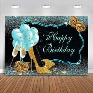 🎉 mocsicka teal gold happy birthday backdrop: glitter turquoise balloons & high heels with champagne woman's birthday photo backdrops - perfect for sweet 16th, 21st, 30th, 40th bday! photography background (7x5ft) logo