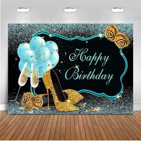 img 4 attached to 🎉 Mocsicka Teal Gold Happy Birthday Backdrop: Glitter Turquoise Balloons & High Heels with Champagne Woman's Birthday Photo Backdrops - Perfect for Sweet 16th, 21st, 30th, 40th Bday! Photography Background (7x5ft)