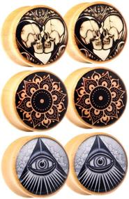 img 4 attached to 👁️ All Seeing Eye 3 Pairs of Awinrel Wood Saddle Ear Gauge Plugs Flesh Tunnel Stretcher Piercing Eyelet Mandala Skull Illuminati