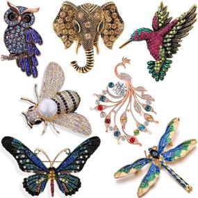 img 4 attached to 🦋 YallFF Vintage Crystal Pin Set - 7 Pieces Women Brooches with Dragonfly, Butterfly, Hummingbird, Owl, Elephant, Peacock, Bee - Animal and Insect Brooch Pins for Women and Girls